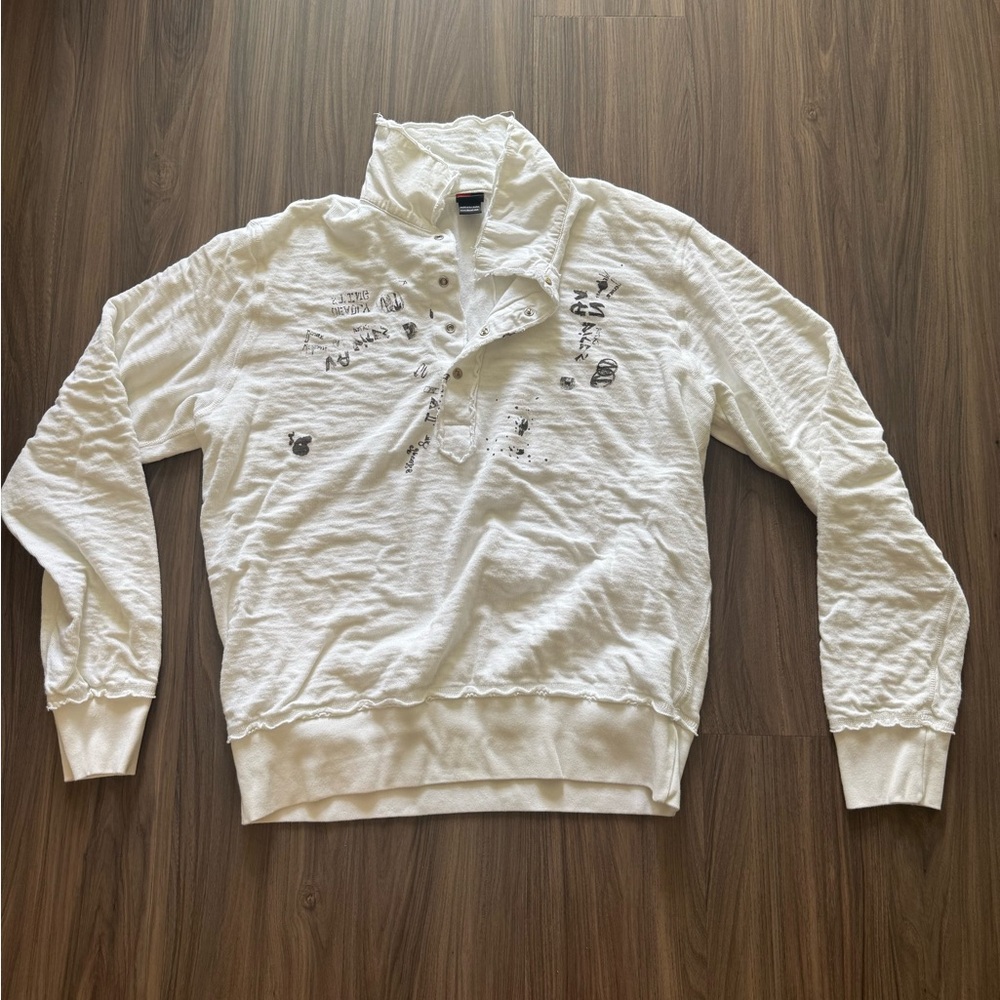 Diesel Pullover Sweatshirt Mens XXL White Distressed Graphic Mock Neck